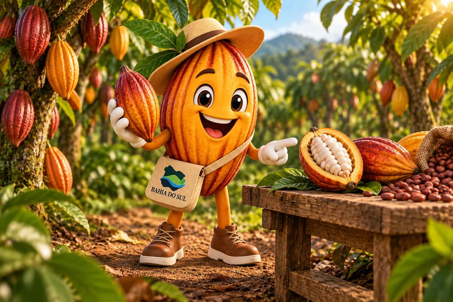 Cacauzinho em um cacaual, segurando um fruto e apresentando um cacau aberto com sementes sobre uma mesa.