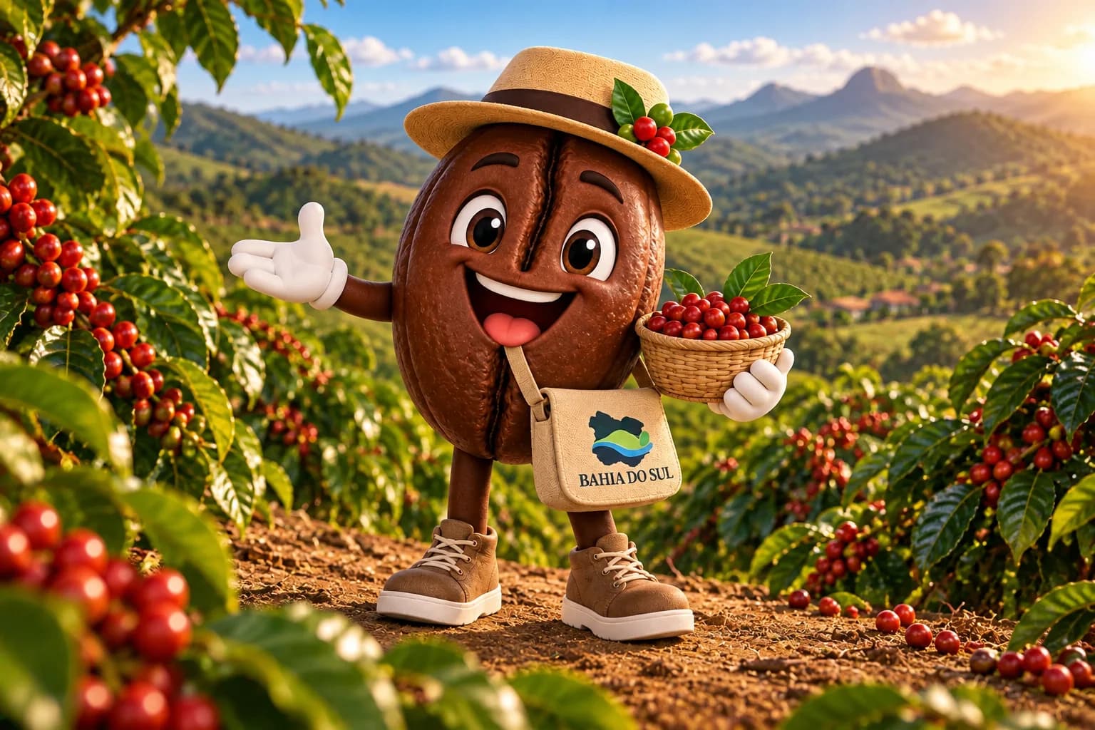 Cafezinho entre plantas de café, com uma cesta de frutos vermelhos e um gesto de boas-vindas.