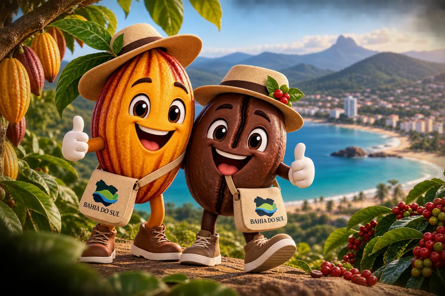 Cacauzinho e Cafezinho com chapéus, botas e bolsas Bahia do Sul diante de uma paisagem litorânea ilustrada.